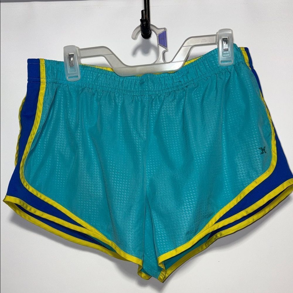 Xersion Teal and Blue Athletic Shorts with Yellow Trim